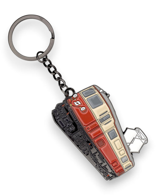 Trainimals red and cream enamel keychain featuring a detailed model of the 1099 electric locomotive with a silver keyring and chain.