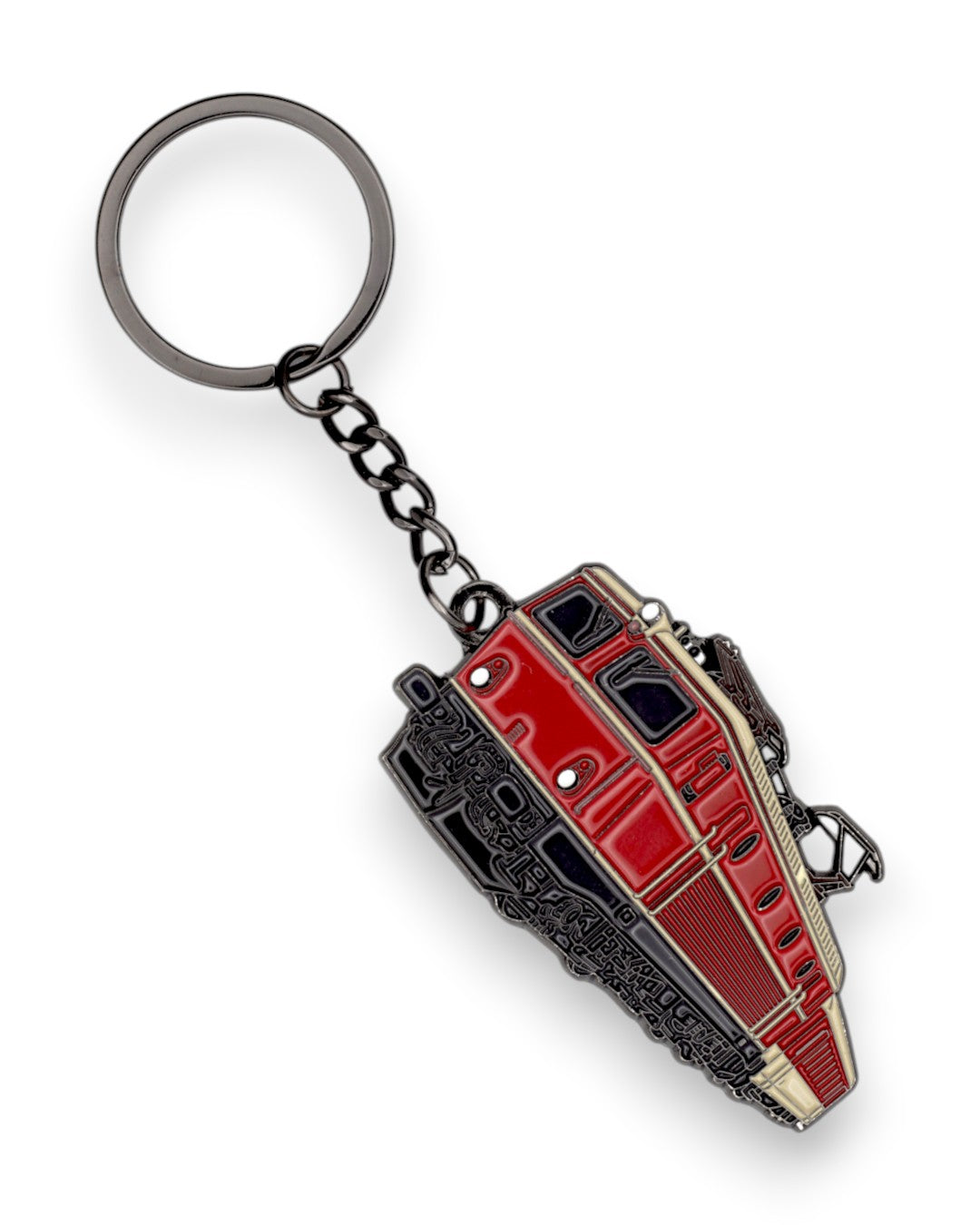Trainimals Alpenstaubsauger enamel keychain, red and black metal train design with detailed features and a sturdy ring.