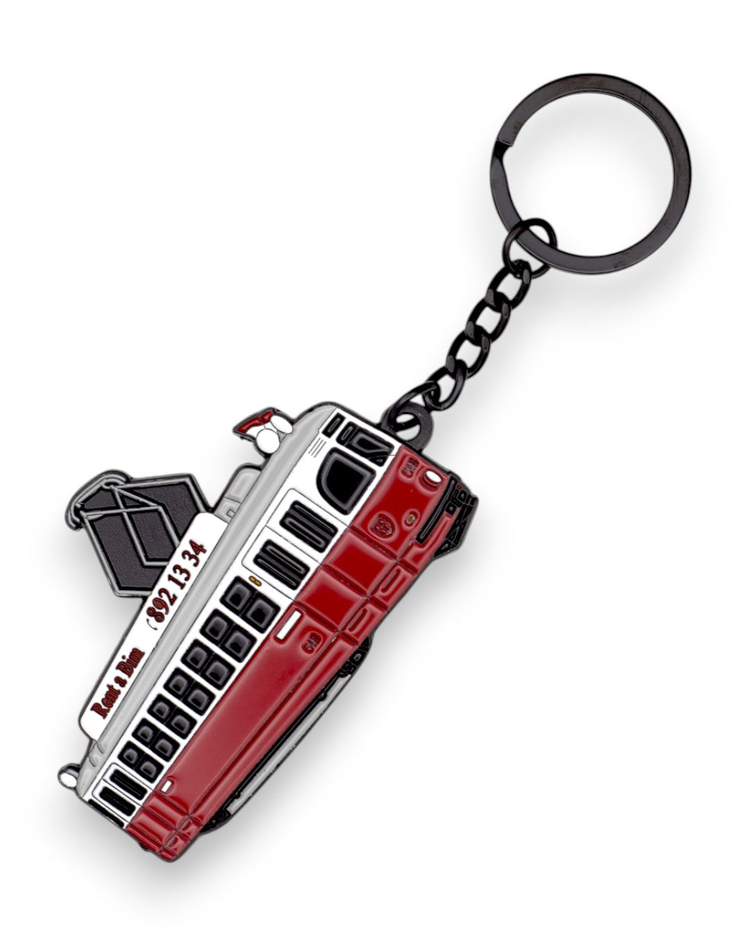 Trainimals L-Wagen enamel keychain featuring a red and white classic tram with "Rent a Bim" text and phone number.