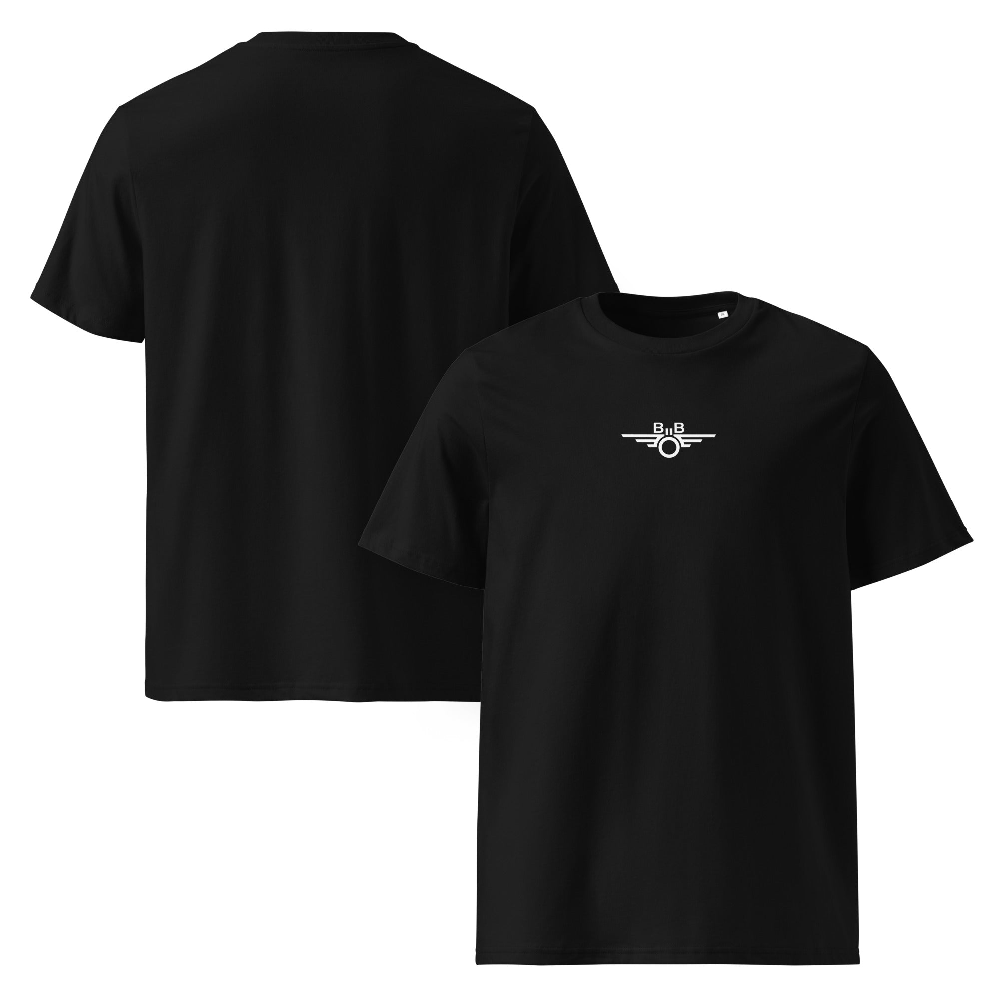 Trainimals Flügelrad Classic Shirt aus schwarzer Bio-Baumwolle mit weißem Flügelrad-Logo auf der Brust