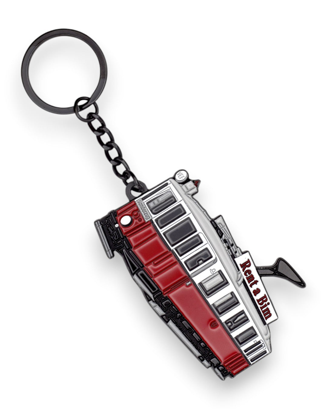 Trainimals M-Wagen enamel keychain featuring a red and silver vintage tram with