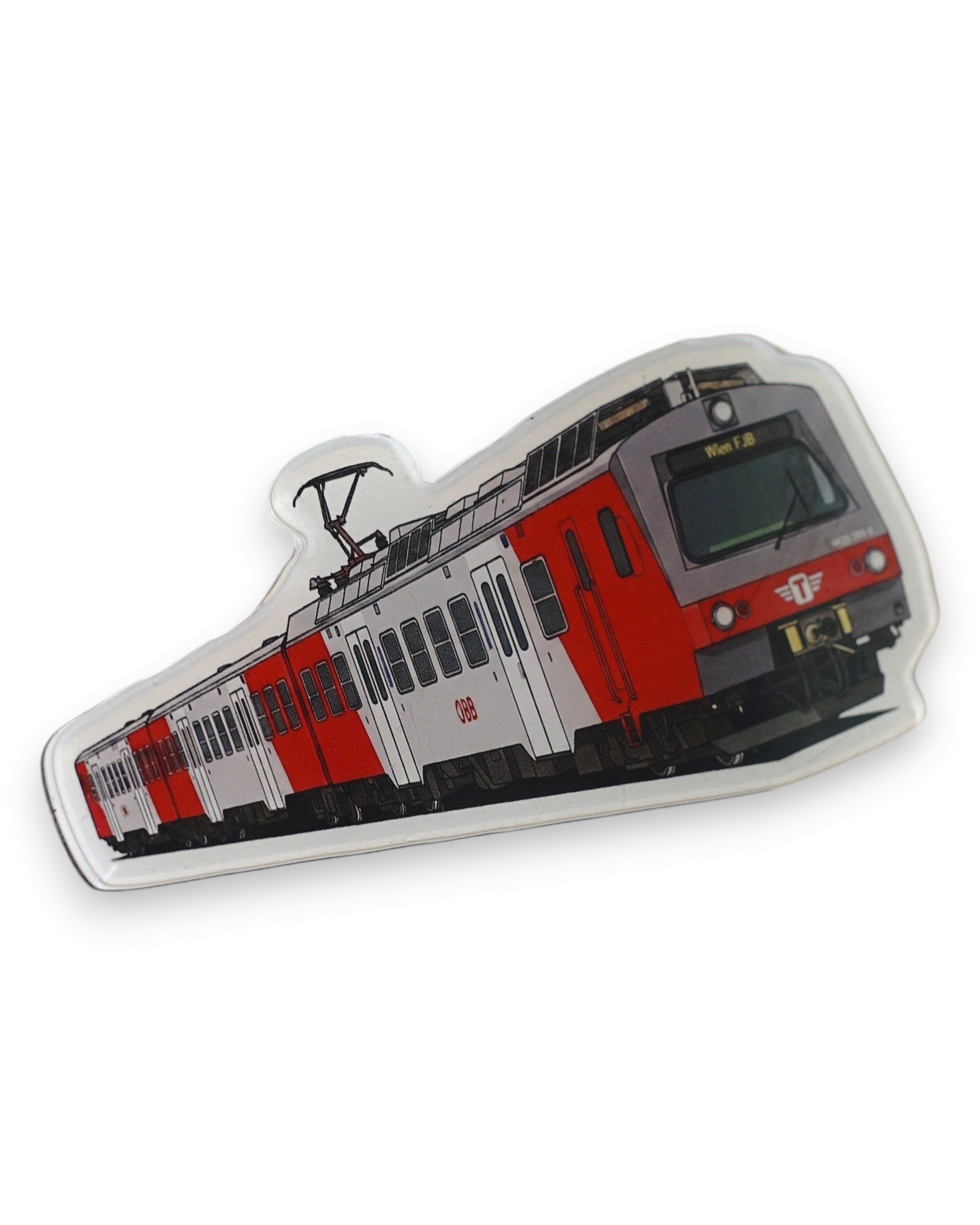 Trainimals Acryl-Magnet mit rot-grauem Zug im Wiener S-Bahn-Design, 10 cm lang
