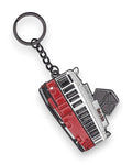 Trainimals T1-Wagen enamel keychain featuring a classic red and silver tram with black accents and a Rent a Bim logo.