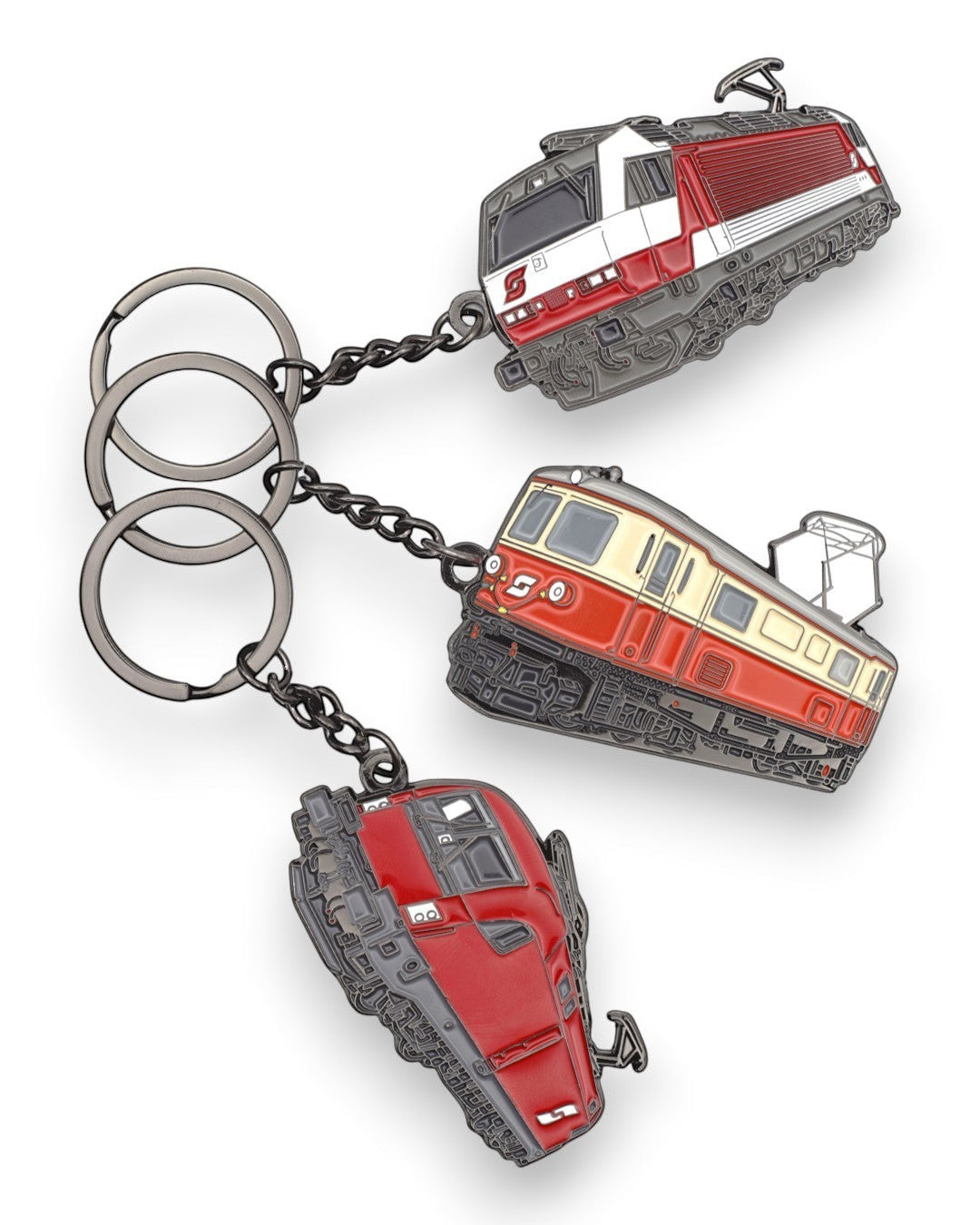 Trainimals set of 3 metal and enamel train-themed keychains in red, white, and grey.