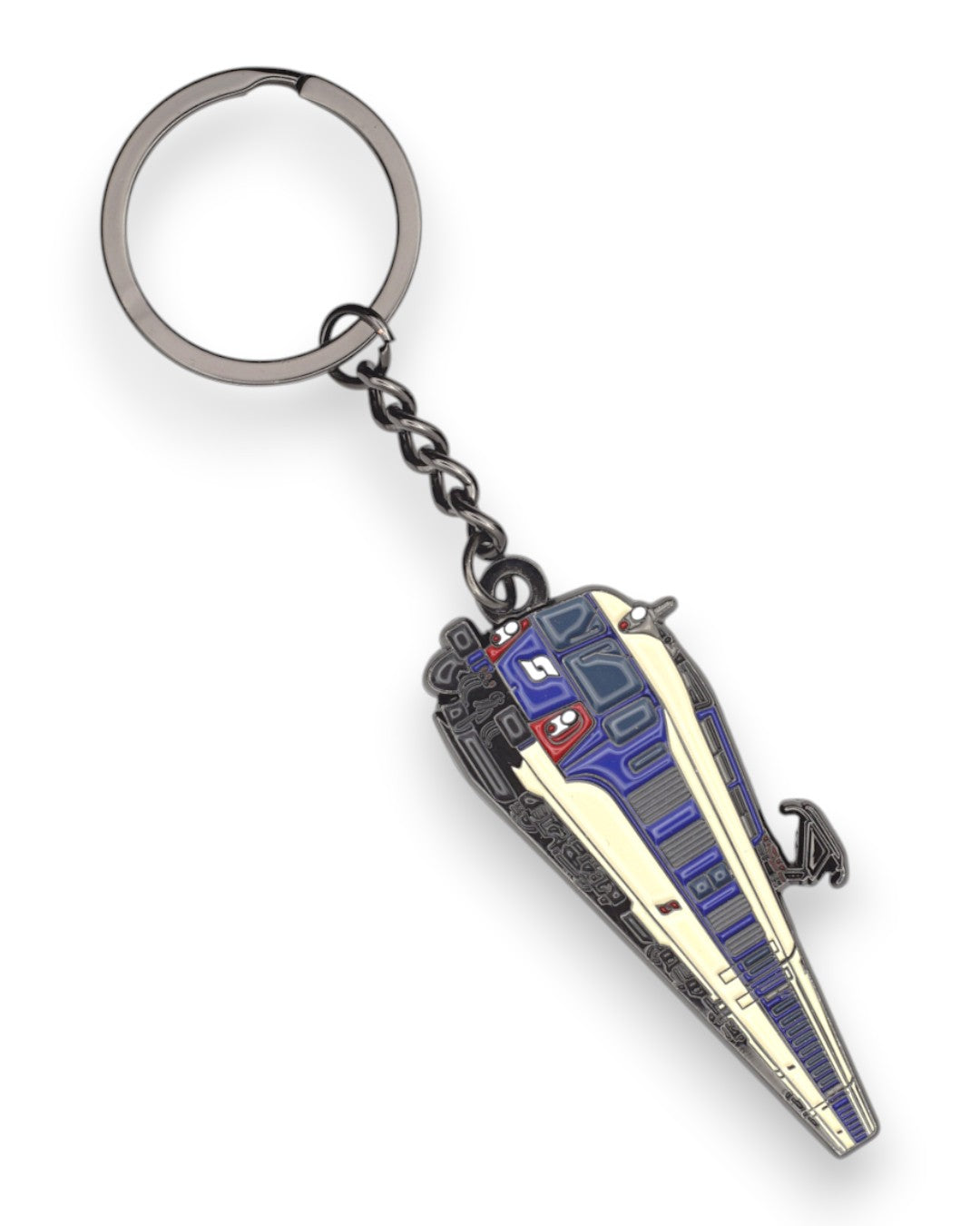 Trainimals Transalpin enamel keychain, a detailed replica of the 4010 series train, white, blue, and grey.