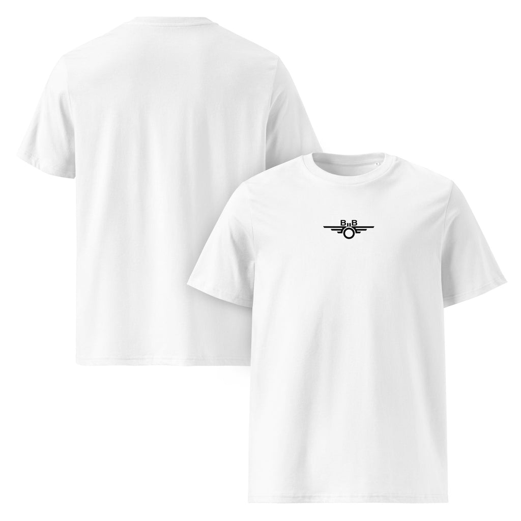 Trainimals Flügelrad T-Shirt aus weißer Bio-Baumwolle mit minimalistischem schwarzem Logo-Druck auf der Brust