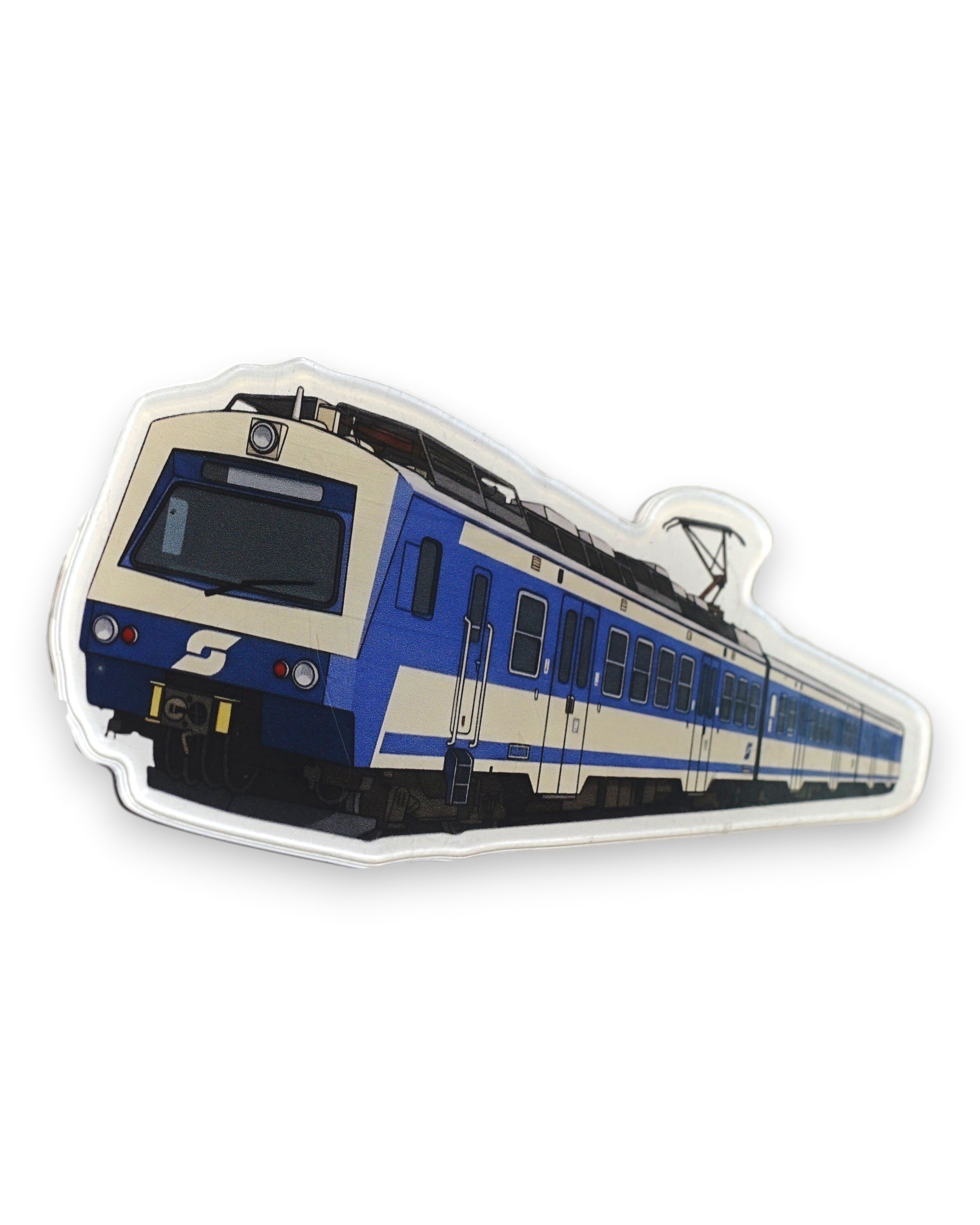 Trainimals Wiener Klassiker Oldie Acryl-Magnet: blauer und weißer Triebwagen mit Illustration im Detail, 10 cm lang, matt.