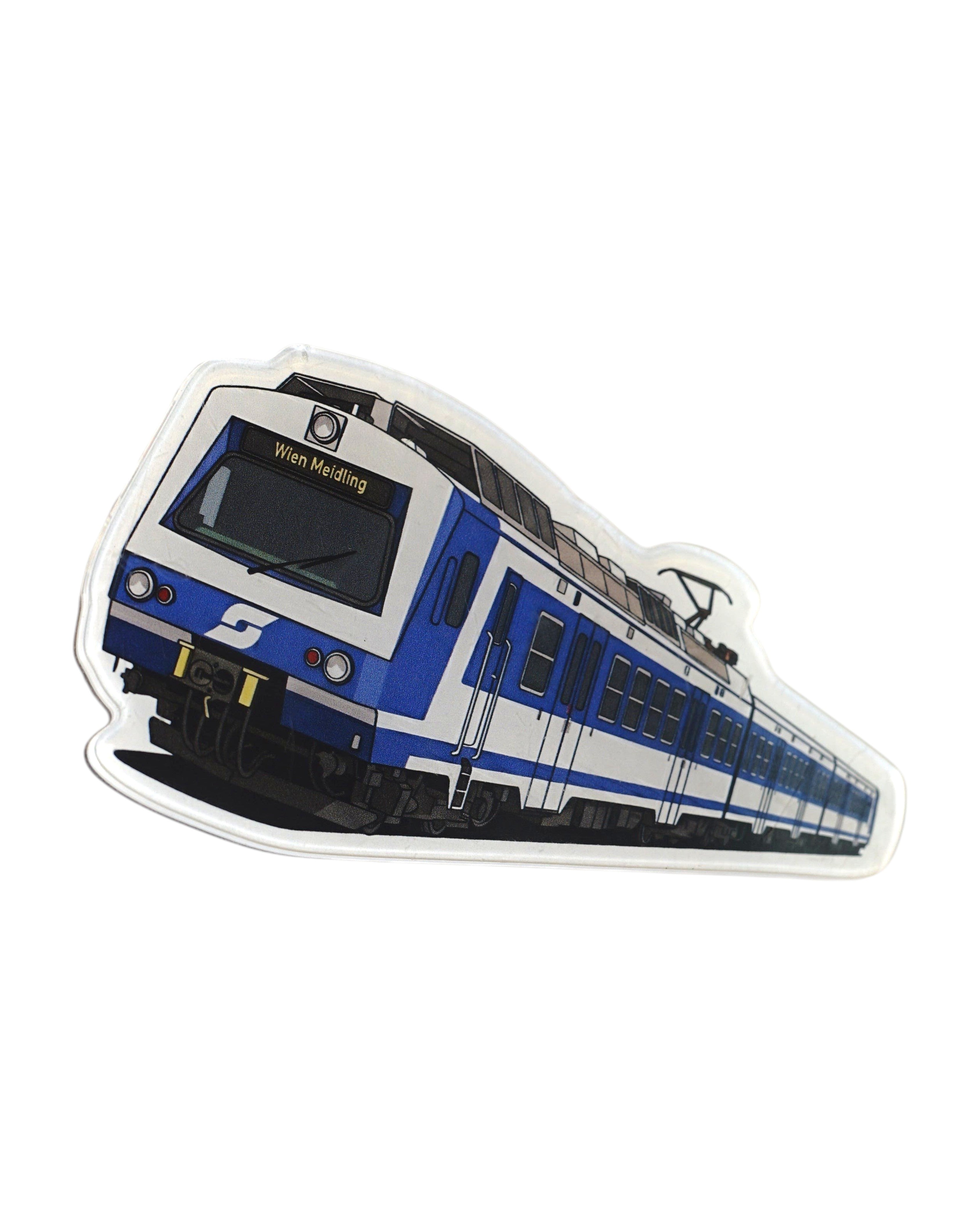 Trainimals blauer und weißer Zugmagnet, detaillierte Illustration, glatte Oberfläche, 10 cm